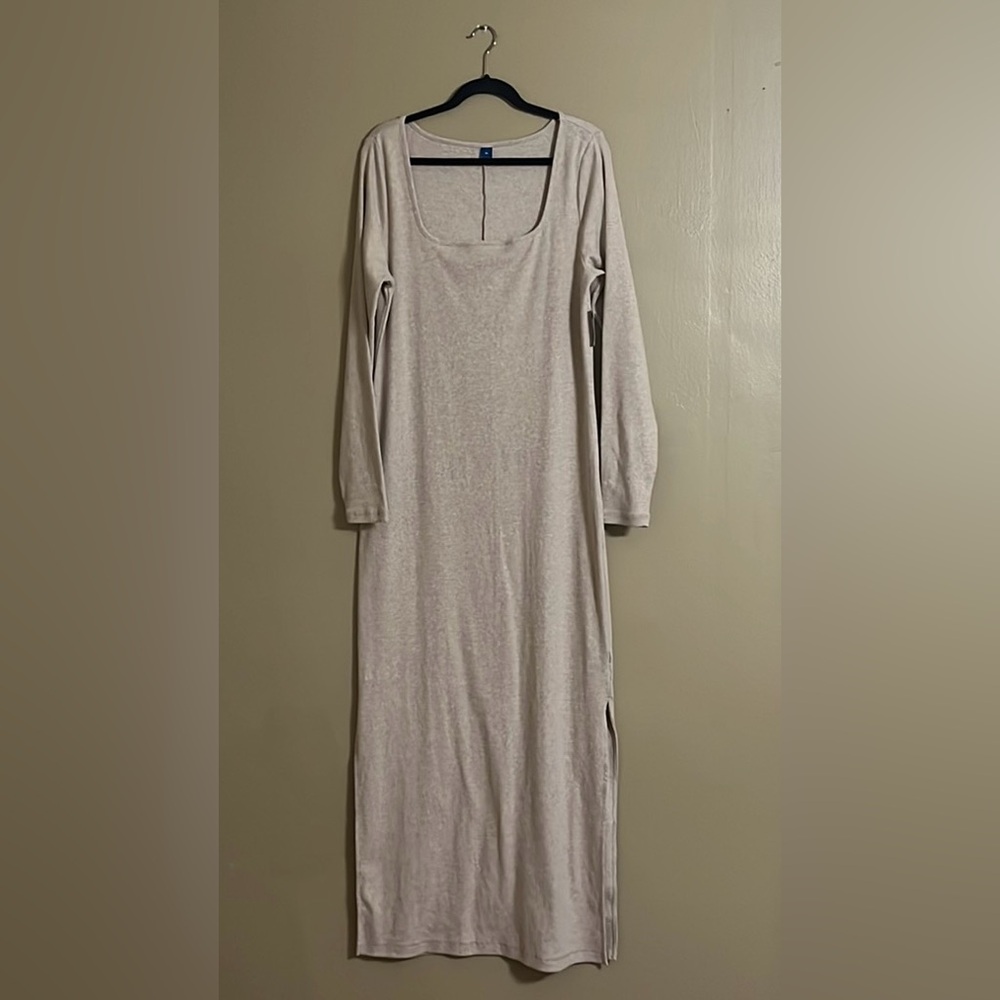 Old Navy Dress SzXL Fitted Rib Knit Maxi Oatmeal Color Long Feminine Casual - Picture 2 of 8
